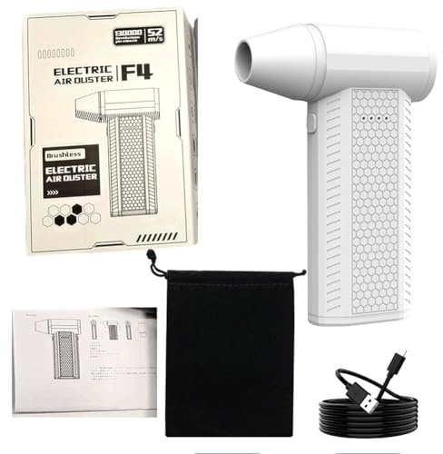 FUANA Dépoussiéreur électrique portable avec moteur sans balais de 180 W, réglage à 4 vitesses, mini ventilateur 130 000 tr/min pour nettoyage électronique, batterie rechargeable USB-C 4000 mAh, blanc