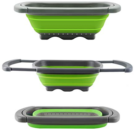 QiMH Colander collapsible Over The Sink Vegtable/Fruit Colander Strainer With Extendable Handles(Green&Red) (Green)