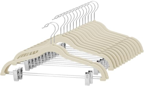 Cozymood Velvet Skirt Hangers - Pack of 24 - Velvet Hangers with Clips Ultra Thin Non Slip Velvet Pants Hangers Space Saving Clothes Hanger for Trouser, Skirts, Jeans, Dress (Beige)
