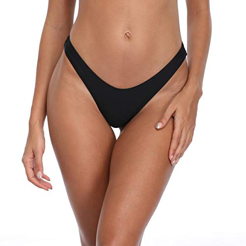 RELLECIGA Femme Bas de Maillot de Bain High Cut Thong Bottom Noir S