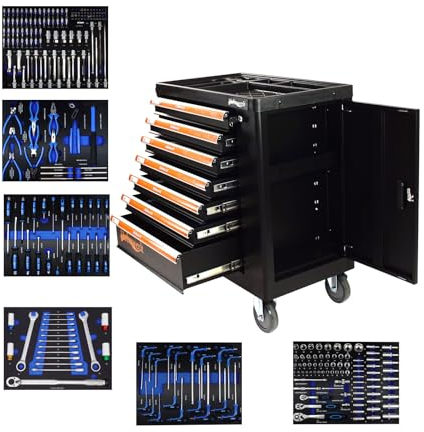 Holmwerk Werkstattwagen ROCKX bestückt 252tlg. Chrom Vanadium Werkzeug 7 Schubladen Softclose abschließbar Vollauszug 1 Seitentür Rollen Kugellagerung, stabil, massiv, Werkzeugwagen Montagewagen
