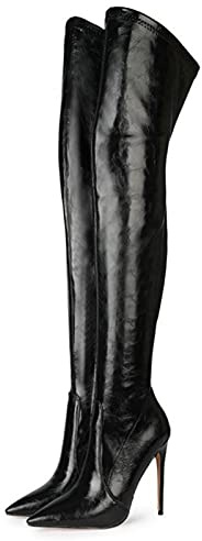 BeAUZQ Femmes Bout Pointu Talons Aiguilles Bottes Noir sur Les Bottes au Genou Automne Hiver sans Lacet Bottes Longues Chaussures Grande Taille 34-45