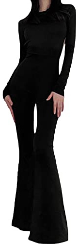 SOMTHRON - Mono sexy para mujer, manga larga, espalda descubierta, pierna ancha y campana, estilo bodycon, de una pieza, traje de fiesta, Negro , M