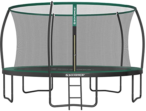 SONGMICS Trampolin 427 cm d, Gartentrampolin für Kinder mit Sicherheitsnetz, 180 cm hohe Gebogene Stangen, Randabdeckung, Leiter, Stahlrahmen, schwarz-dunkelgrün STR142C01