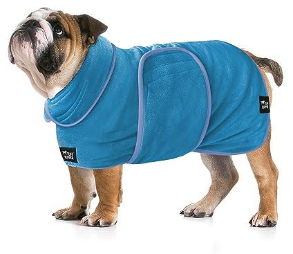 Tuff Pupper Fast Drying Dog Bath Robe | 800 GSM Plush Dog Towel Bathrobe/Dressing Gown | Super Absorbent Pet/Puppy Bathrobe | Adjustable Hood & Belly Strap | Super Soft | Fast Drying (L, Blue)