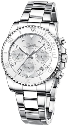 Women Elegant Chronograph Rotatable Bezel Mineral Glass Luminous Watch Stainless Steel Waterproof Date Analog Quartz Watch Fashion Business Dress Wristwatch (Silver White)
