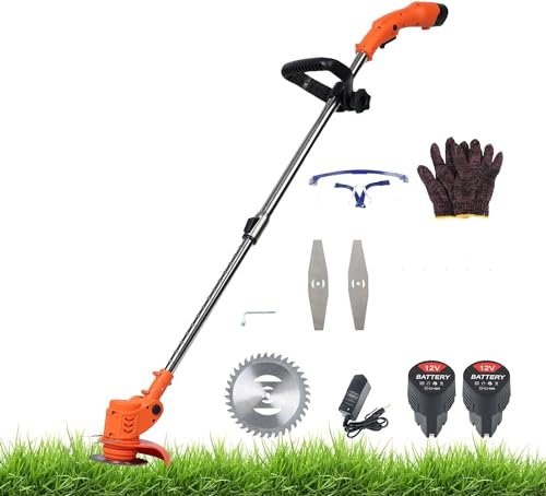 Calager Cortacésped inalámbrico, 450 W, con 2 pilas, barra telescópica, mango antideslizante, recortador de batería, desbrozadora eléctrica, herramienta para bordes de césped para el jardín (naranja)