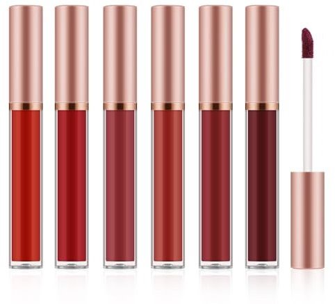 6pcs Matte Lip Gloss Set for Women,Vernis à lèvres velouté hautement pigmenté，Longue durée，Maquillage des lèvres résistant à l'eau，Nude，Marron