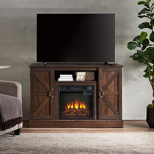 Kamine , Farmhouse Classic Media TV-Ständer, antike Unterhaltungskonsole for Fernseher bis zu 50 Zoll mit 18 Zoll elektrischem Kamineinsatz mit offenem und geschlossenem Stauraum, Espresso, 47 Zoll B