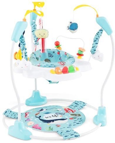 GYMAX Baby Jumperoo Activity Center, Baby Jumpers with 3 Adjustable Heights, Seat Cushion, Foot Pad, Developmental Toys, Music, Lights & Sounds, Toddler Bouncer for 6 Months+ (Light Blue)