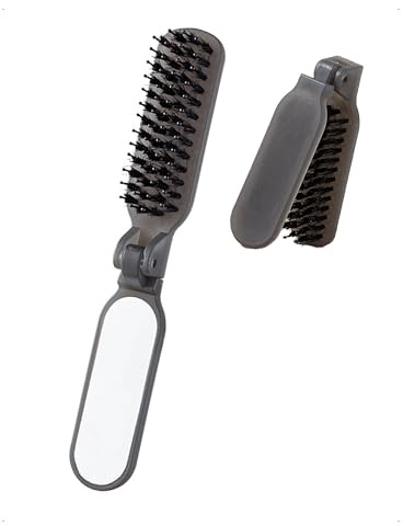 SanKristo Mini Brosse Cheveux, Brosse Cheveux Voyage avec Miroir Pliable, Compact Brosses en Poil de Sanglier, pour Femmes Hommes, Portable Peigne Masser le Cuir Chevelu pour Voyage, Sac À Main, Gris