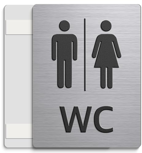WC Schild - Edelstahl gebürstet WC Schild selbstklebend, Modernes Unisex Toilettenschild, WC Deko für Restaurant, Büro, Büroräume, 20 × 15 cm