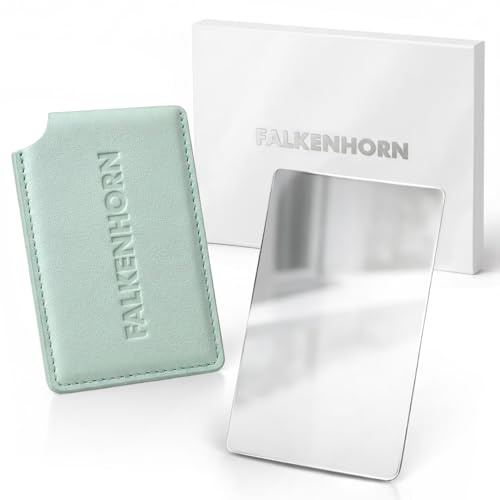 Falkenhorn Handspiegel klein inkl. Schutzhülle – Taschenspiegel aus Edelstahl im Kreditkartenformat, Kosmetikspiegel/Schminkspiegel für Handtasche & Reise, 8,5 x 5,5 cm - Hellblau 1er