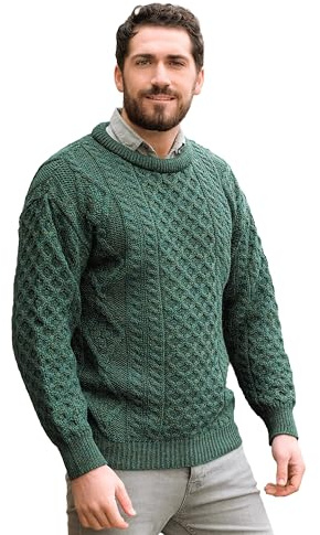 Aran Crafts - Maglione a Girocollo Irlandese, Morbido, Lavorato a Maglia (100% Pura Lana Nuova) - Verde - XL