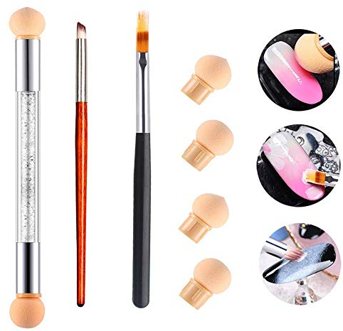 MWOOT Nageldesign Pinsel Set, Fingernägeldesign Schwamm mit 4 Stk Ersatz, 2 Stk Pinsel (Verschiedene Bürsten), Nageldesign Anfänger Pinselset