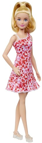 Barbie Fashionistas Nr. 205 - Puppe mit blondem Pferdeschwanz und süßem Blumenkleid, Plateau-Sandalen und großen Ohrringen, für Kinder ab 3 Jahren, HJT02