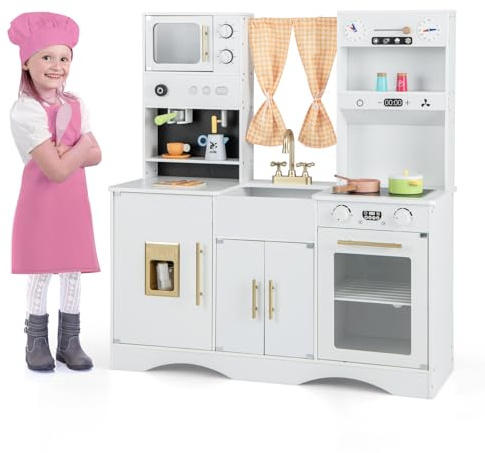 COSTWAY Wooden Kids Kitchen Playset, Pretend Play Kitchen with Ice Maker, Coffee Maker, Sink, Faucet, Microwave, Role Play Kitchens for Boys Girls (White)