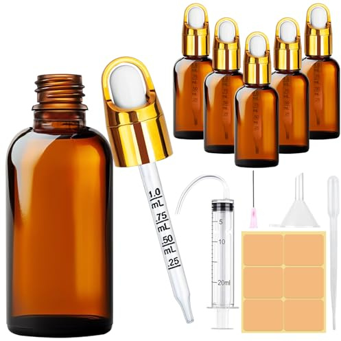 Amentalove 5 Stück Pipettenflasche 50ml, Braunglas Pipettenflasche, Tropfflasche, Apothekerflasche Braunglas mit Trichter und Spritze, Braunglasflasche für Ätherische Öl Parfümöle Aromatherapie