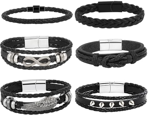 MILAKOO 6 Stück Herrern Armbänder Geflochtenes Leder Armband Niete Einfachheit Armreif Punk Gothic Party Armbänder with Magnetschnalle