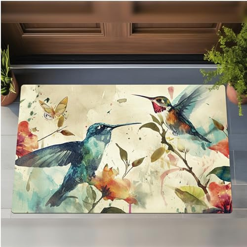 Front Door Mat Indoor Outdoor Rugs Washable Mat Heavy Duty Non Slip Rubber, Hummingbirds Soft Absorbs Water Dirt Trapping Mats for Home Garden Entryway Outside 24 x 16
