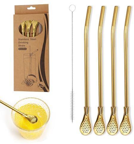 4er 304 Edelstahl Strohhalme Wiederverwendbar, Wiederverwendbare Strohhalme Löffel, Edelstahl Trinkhalme löffel, Mit Filterkopf 3 in 1 Strohhalm Löffel, Mit Reinigungsbürsten,für alle Getränke(Golden)