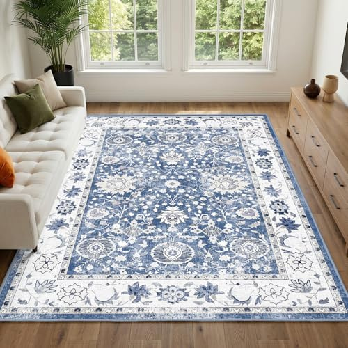 IKALIFE Blue Rugs Living Room - 200x300 cm Machine Washable Soft Short Pile Non-Slip Vintage Large Area Rugs for Bedroom Dining Room Office Lounge, Traditional Non-Shedding Floor Carpet