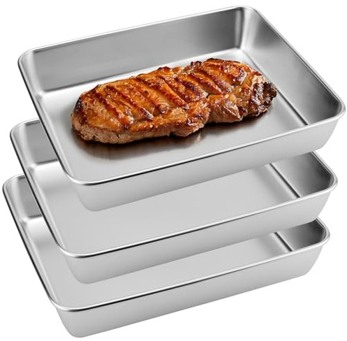CHUIFAI 3 Stück Backblech Edelstahl Klein, 32x24x5cm Edelstahl Auflaufform Rechteckig Fettpfanne Ofenform Backofen Tiefes Ofenblech Baking Tray für Kuchen, Aufläufen, Brot