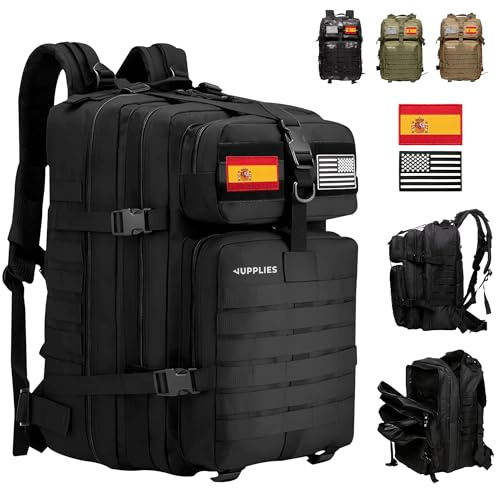 JUPPLIES Mochila Tactica Militar 45L Impermeable Oxford 600D IPX5 con Sistema MOLLE y Cremalleras Reforzadas – Gran Capacidad para Crossfit, Gimnasio, Senderismo, Viajes o Supervivencia(Negro)