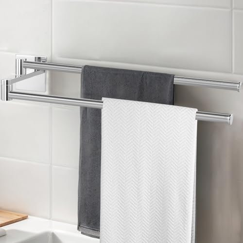 Portasciugamani a Due Bracci in Acciaio Inox,34,3 cm Portasciugamano Senza Foratura,Porta Asciugamani a 2 Aste Girevole a 180°,Portasalviette da Parete,Porta Salviette per Bagno Cucina