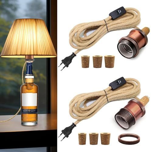 2 Pezzi Portalampada per Bottiglie, E27 Portalampada con 240CM Corda di Canapa Cavo e con 3 Tappi di Tappo, Lampada per Bottiglie, DIY Decorativo Lampada da Tavolo per Bottiglia Lampada di Vino