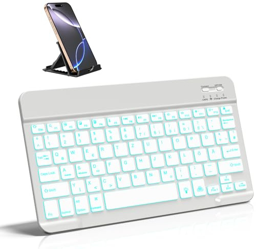 Vobafe Bluetooth Tastatur mit Telefonhalter für iPad Air/Pro/Mini/A16/11/10.9/10.2/iPhone, Kabellose Tablet Keyboard für iOS/Android/Windows, Deutsche QWERTZ, 7 Farben Beleuchtete, Hellgrau