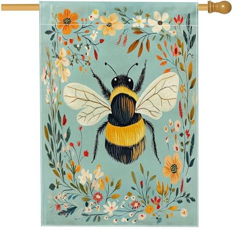 Drapeaux de maison de bourdons de printemps 71,1 x 101,6 cm double face, fleurs florales mignonnes standard en toile de jute pour maison, drapeaux d'arrière-cour d'insectes, décoration extérieure