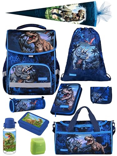 Familando - Basic-Plus Schulranzen Set - 10-teilig mit Schultüte - T-REX Dino - Ergonomisch, stabil & 850g leicht - 15L Volumen - Brustgurt & Reflektoren - Für Grundschule ab 1. Klasse