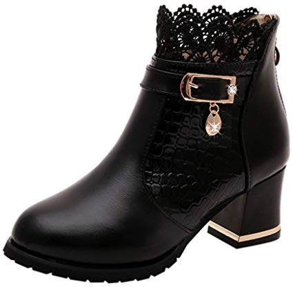 ZYUEER Femmes Talon Lacet De Soiree Chaussures Compensé Dentelle Mode Ankle Boots Femme Bottes Neige Chaud Pas Cher (39 EU(40 CN), Noir)