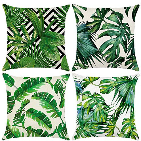Hongtellor Cushion Covers 45 x 45 cm，Set of 4 pillow cover Cotton and Linen Pillow case Cushion Covers for Sofa garden bed couch cushions(Leaf-4)