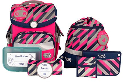 SCHOOL-MOOD - Schulranzen Set Neon Pink, 7-teilig - Timeless Air+ - ergonomischer Schulranzen Jungen & Mädchen - Schultasche für Kinder in der 1. bis 4. Klasse - Yuna (Neon Pink)