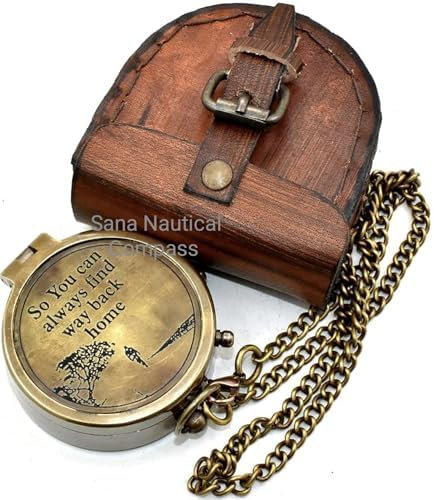 Antiquana Taschenkompass mit Gravur Not All Brass With Me, Antik-Messing-Kompass auf Kette mit Lederetui, Hochzeitsgeschenk, Valentinstagsgeschenk