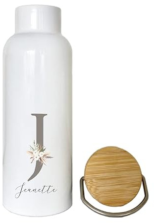 Manufaktur Liebevoll Trinkflasche mit Namen | Personalisiertes Geschenk | 500 ml Isolierflasche aus Edelstahl mit Bambusdeckel | mit Monogramm und Namen