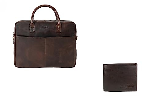 HOLZRICHTER Berlin Briefcase Bundle No 4-3 (M) marone - Große Briefcase Aktentasche & Geldbörse handgefertigt aus Premium-Leder