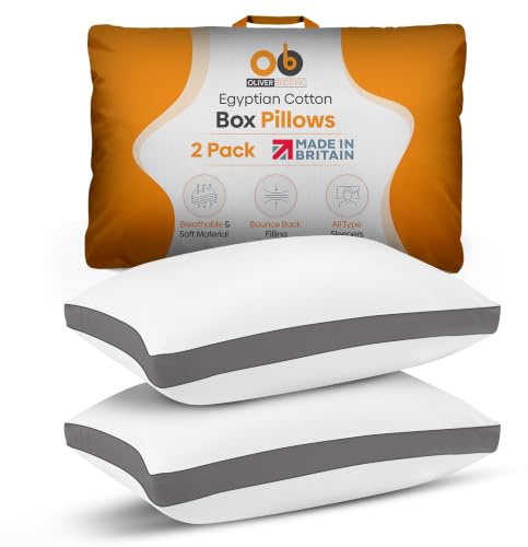 Oliver Bedding Egyptian Cotton Box Pillows 2 Pack- Breathable Hotel Pillows | Best for Side, Back & Stomach Sleepers, Head & Neck Support, Sleeping Comfort & Pain Relief, Machine Washable, Hypoallergenic