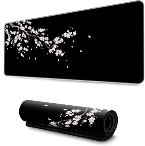 Hixingo Schwarze Sakura Mauspad XXL/XL/L, Gaming Mauspad, Vernähte Kanten Mousepad, Mauspad mit Anti-Rutsch Gummiboden, Mouse pad für Büro, Zuhause (900x400x3mm,Weiß)