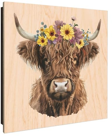 banjado Design Schlüsselkasten Holz für 50 Schlüssel - Schlüsselbox mit bedruckter Holzfront - Korpus schwarz Scharnier Links 30 x 30cm groß - Schlüsselaufbewahrung Motiv Blumige Highland-Kuh