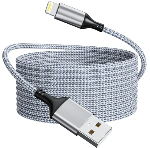 iPhone Charger Cable 5M [MFi Certified], Extra Long Nylon Braided Lightning Cable USB A to Lightning 2.4A Fast Charging for iPhone 14/13/12/11/Pro/Xs Max/X/8/7/Plus/6S/6/SE/5S iPad, GreyWhite
