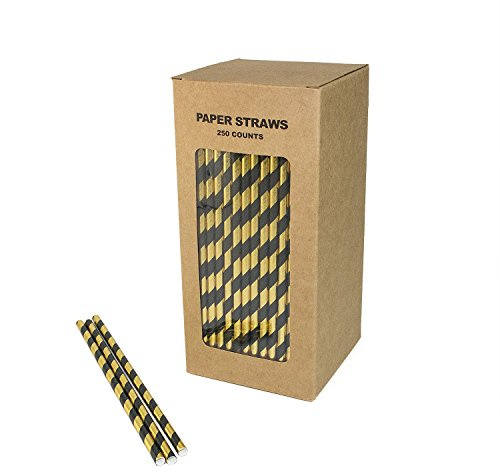 We Can Source It Ltd - 250 x Disposable Black & Gold Striped 8 Paper Straw | Durable Drinking Straws for Cocktails, Juice, Smoothies - Non-Toxic Leakproof Straw for Christmas, Parties, Weddings & Cafes