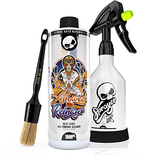 Nuke Guys Allzweckreiniger Bundle - für Auto Innen-& Außenreinigung - Allzweckreiniger Konzentrat 1 Liter + Made by Kwazar Sprühflasche + Detailing Reinigungspinsel