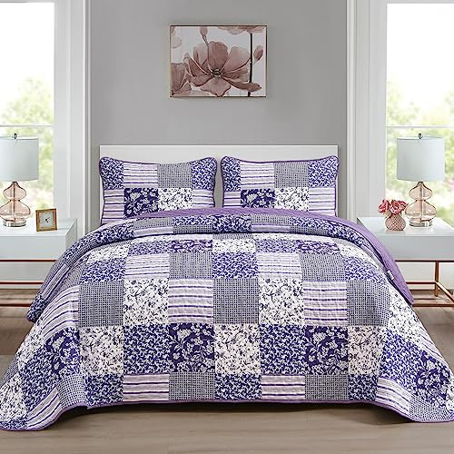 Mybedsoul Purple Quilt Set Queen Size,3 Pieces Boho Floral Plaid Bedspread Coverlet Set for All Season,Patchwork Reversible Bedding Set Queen 90x96