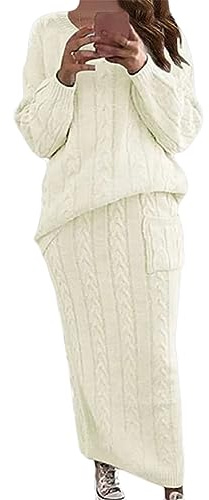 ORANDESIGNE Robe en Tricot Femme Ensemble 2 Pièces Pull à Col Rond et Tricoté Jupe Longue Crayon Tricoté Automne Hiver Ensembles de Jupe 2 Pièces A Blanc L
