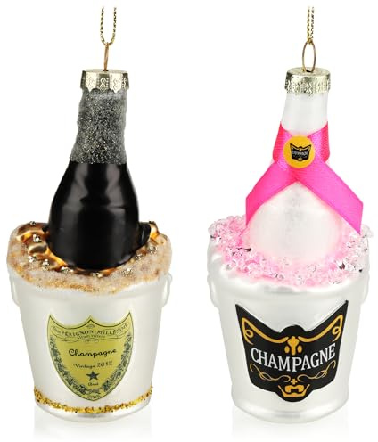com-four® 2X Christbaumschmuck, Deko-Champagnerflasche im Sektkühler | besondere Baumkugeln als Weihnachtsdeko - Weihnachtsbaumanhänger aus Glas