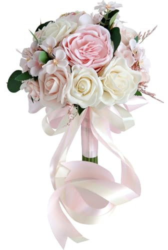 Fouriding Bouquet de mariée artificielles à la main - Bouquet de demoiselle d'honneur pour cérémonie, anniversaire de mariage, décoration de fête prénuptiale (rose)