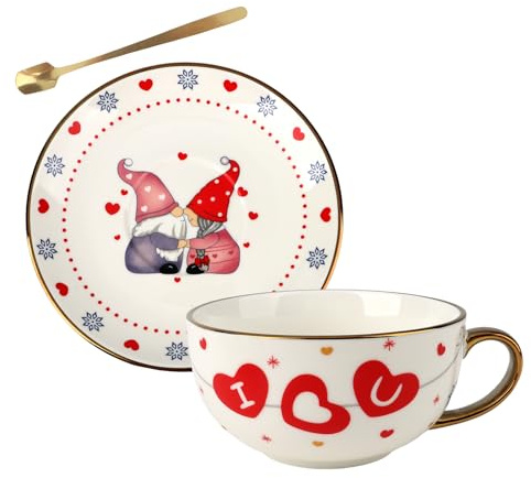 Ceramic Cup and Saucer Set, 9.5oz / 280ml Teacup with “I Love You” Message, Cute Gnome Design Saucer, Valentine’s Day Gift for Her or Him, Romantic Tea & Coffee Cup Set